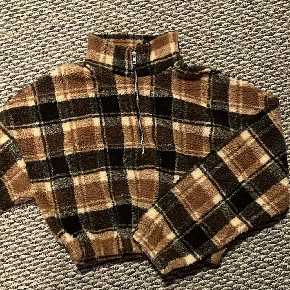 Fuzzy Cropped Plaid Quarter Zip
